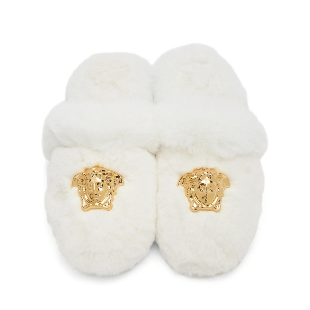 Versace White Faux-Fur Palazzo Slippers